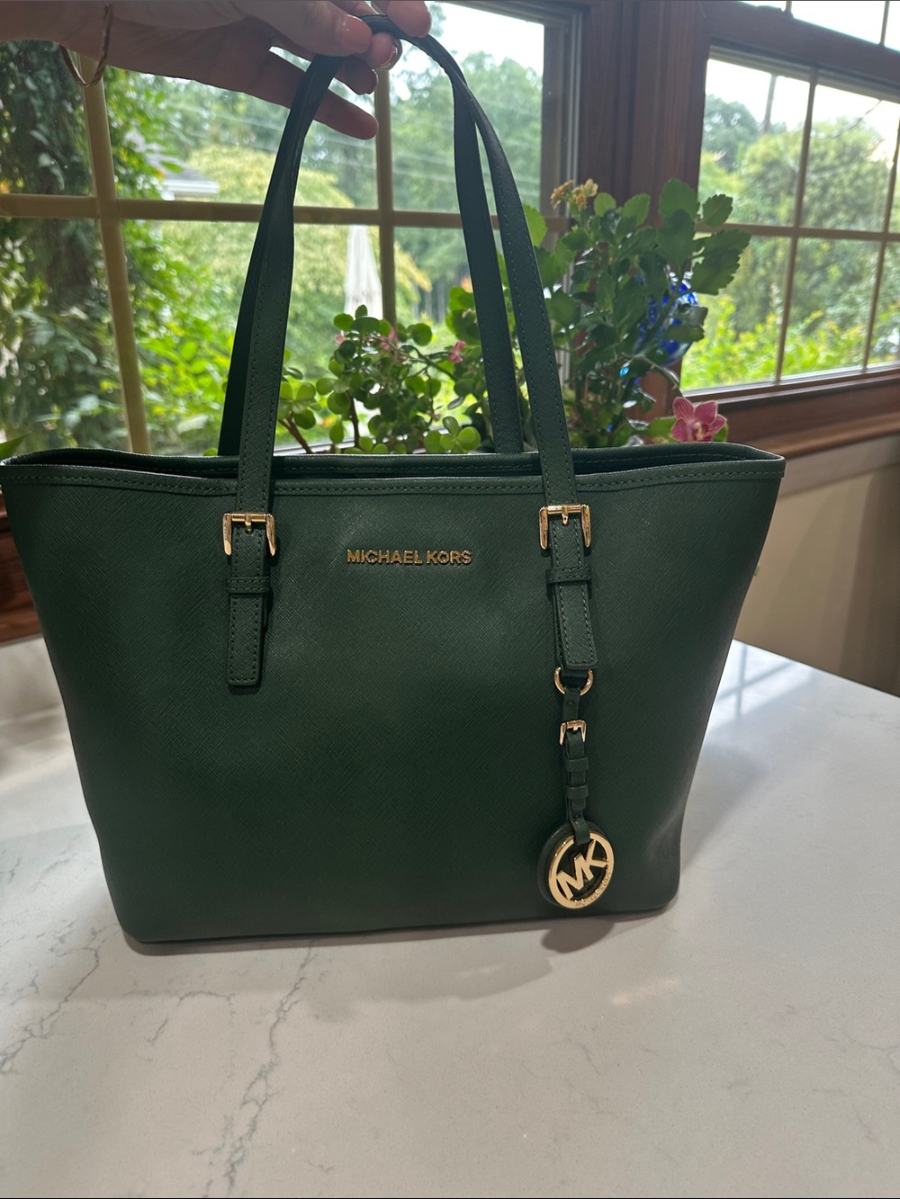 Michael Kors Dark Green Saffiano Leather Tote with Gold Hardware